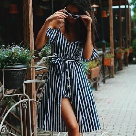 ZARA Cold Shoulder Nautical Navy Blue White Stripe Cotton Midi Dress - Picture 10 of 13